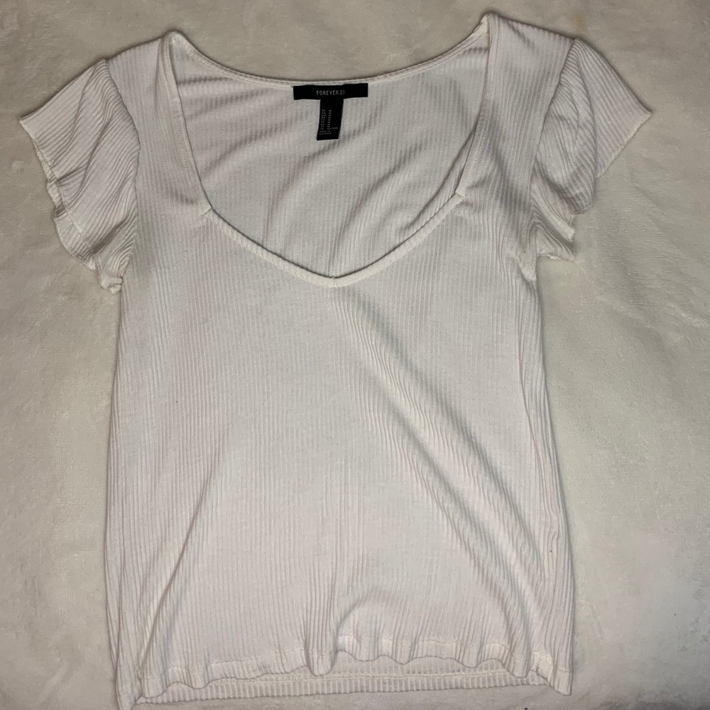 White Ribbed V-neck T-shirt